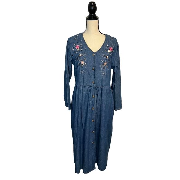 Vintage Green Field Denim Chambray Dress Rhinestones Studs Embroidery Flowers MD - Picture 2 of 8